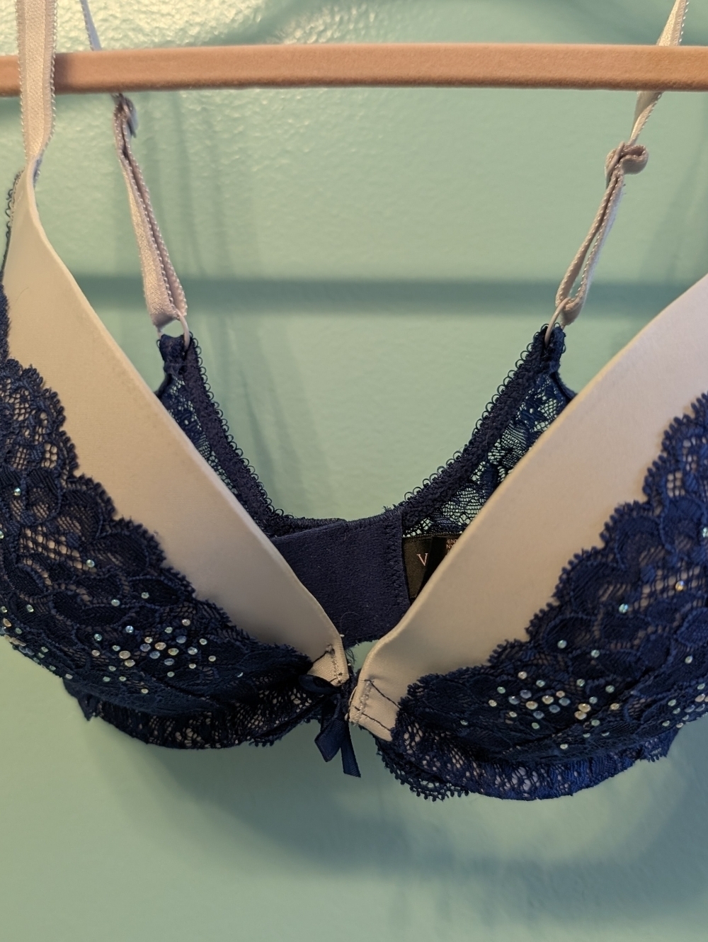 Victoria's Secret Navy and Cream Lace Push-Up Bra with Sequin Detail